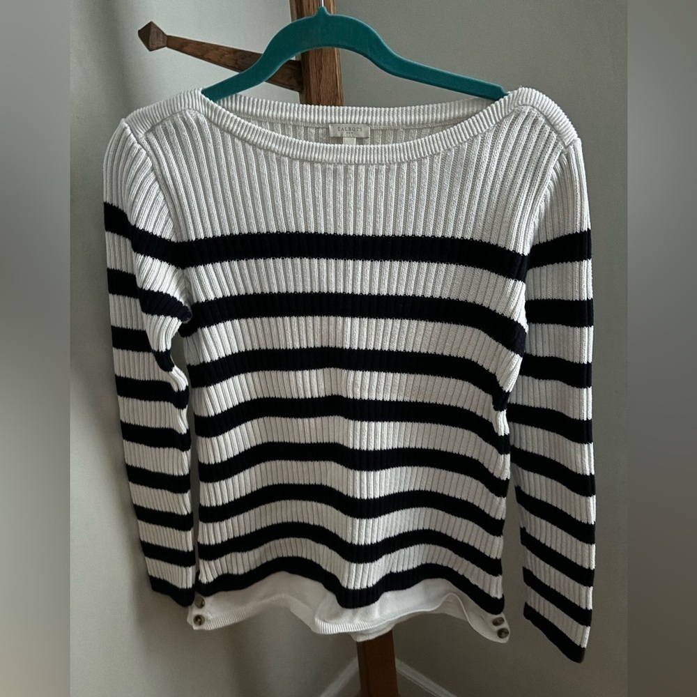 Talbots Medium ribbed Blue & White Striped Boatneck Cotton Sweater